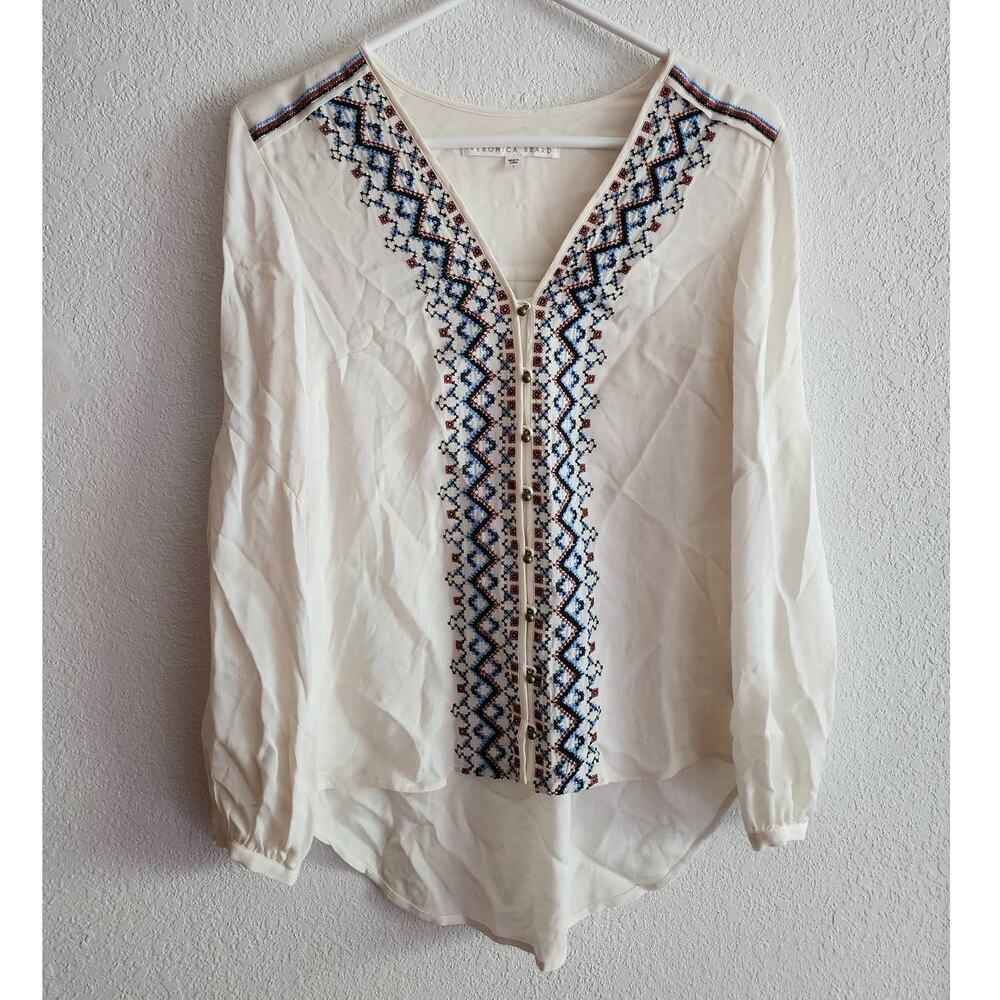Veronica Beard Dream Long Sleeve Embroidered Silk Blouse Off White - Picture 5 of 12